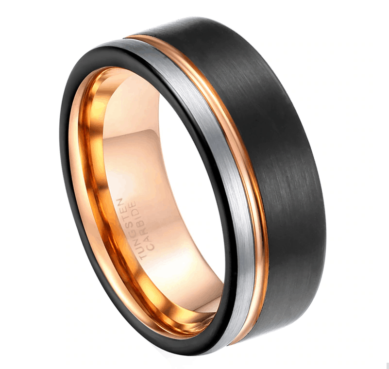 8mm Tungsten Carbide Domed Brushed with Shiny Grooves Wedding Band Ring for Men or Ladies