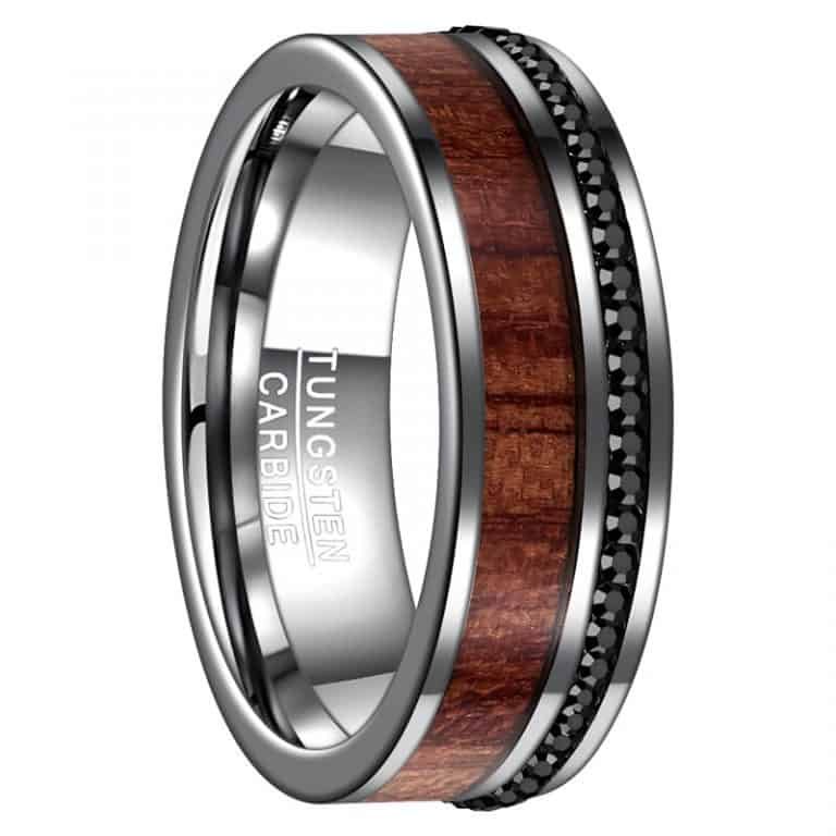 8mm Men's Black Crystal Tungsten Ring With Wood Grain Inlay
