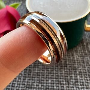 8mm rose gold koa wood and guitar string inlay tungsten ring