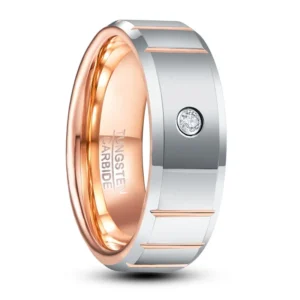 8mm Men's CZ Stone Tungsten Wedding Band with Rose Gold Interior